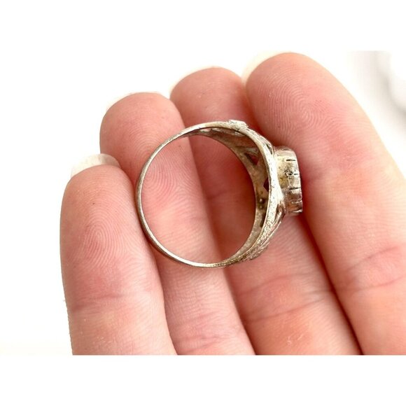 Natural Garnet Oval Cut Gemstone Carved Sterling Silver Vintage Ring - sz 10 - Picture 8 of 10